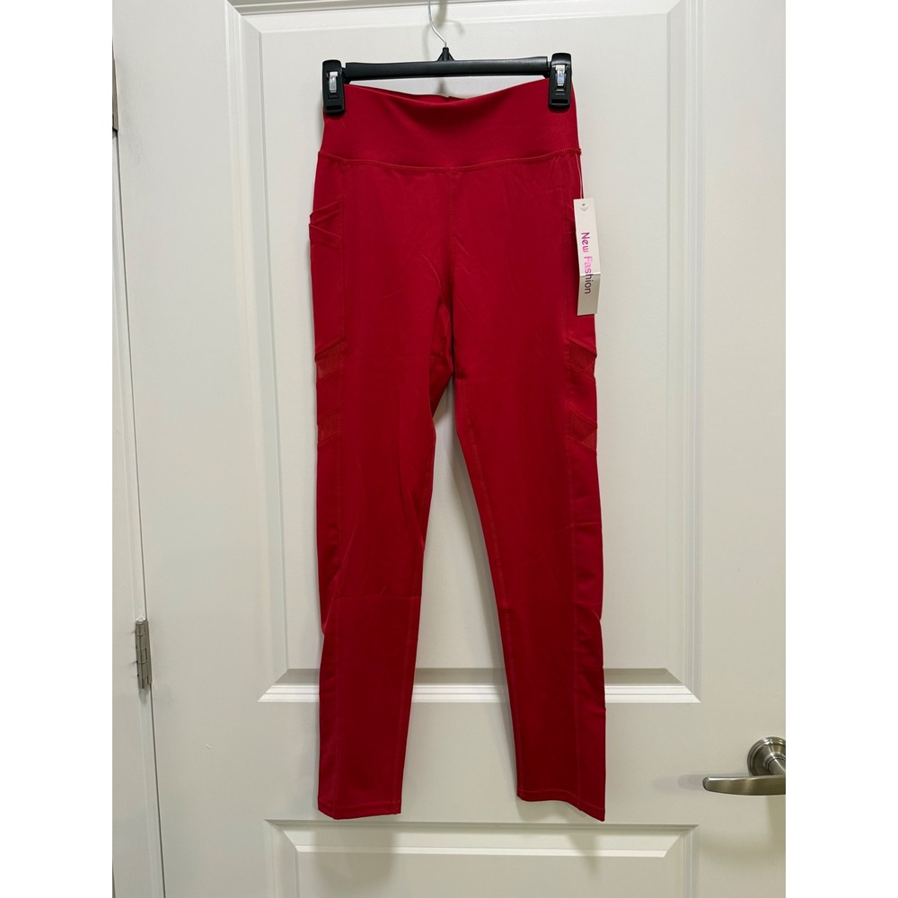 New Fashion Red High Waisted Athletic Leggings with Pockets and Mesh Size S/M